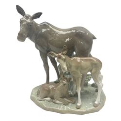 Lladro figure, Elk Family, modelled as a mother and two calves, sculpted by Salvador Furió, with original box, no 5001, year issued 1978, year retired 1981, H23cm