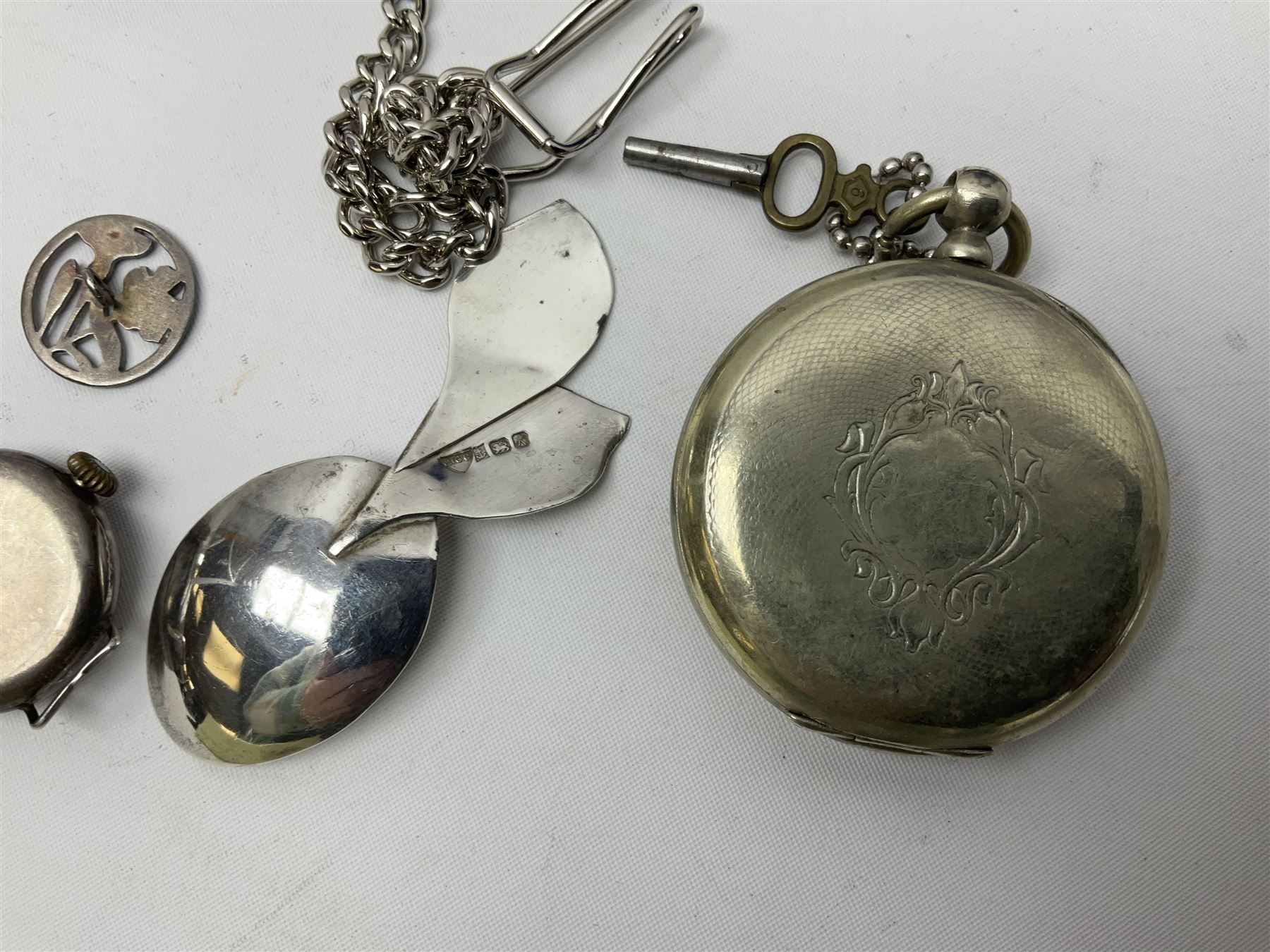 Pair of Georgian silver dress buttons, silver caddy spoon, silver fob medals, silver watches, set of six silver plated teaspoons, set of gilt buttons with ship design, etc