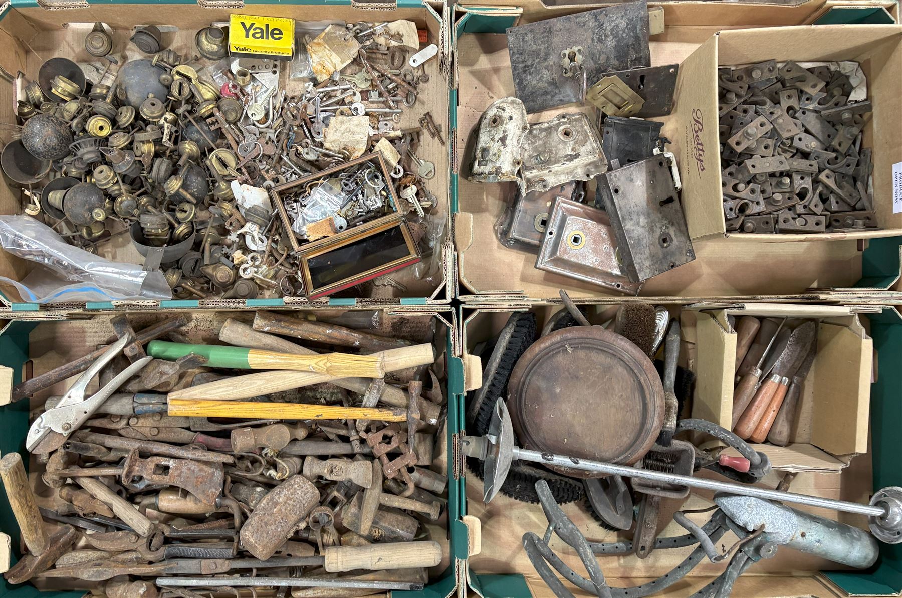 Four boxes of assorted hardware and tools, including a collection of hammers, locks, keys etc.  - COLLECTION BY APPOINTMENT FROM: The White House, Thirsk Road, Easingwold, York, YO61 3NF - CALL 01723 507111 TO ARRANGE
