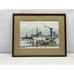Harry Hudson Rodmell (British 1896-1984): Steam Ship in Port, watercolour and ink signed and inscribed 'Demonstration' 25.5cm x 36.5cm 