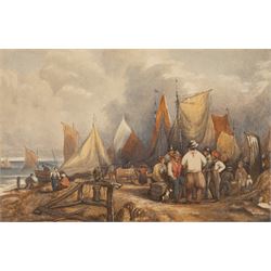 English School (19th century): Fisherfolk Gathered at Shore, watercolour unsigned 20.5cm x 32cm