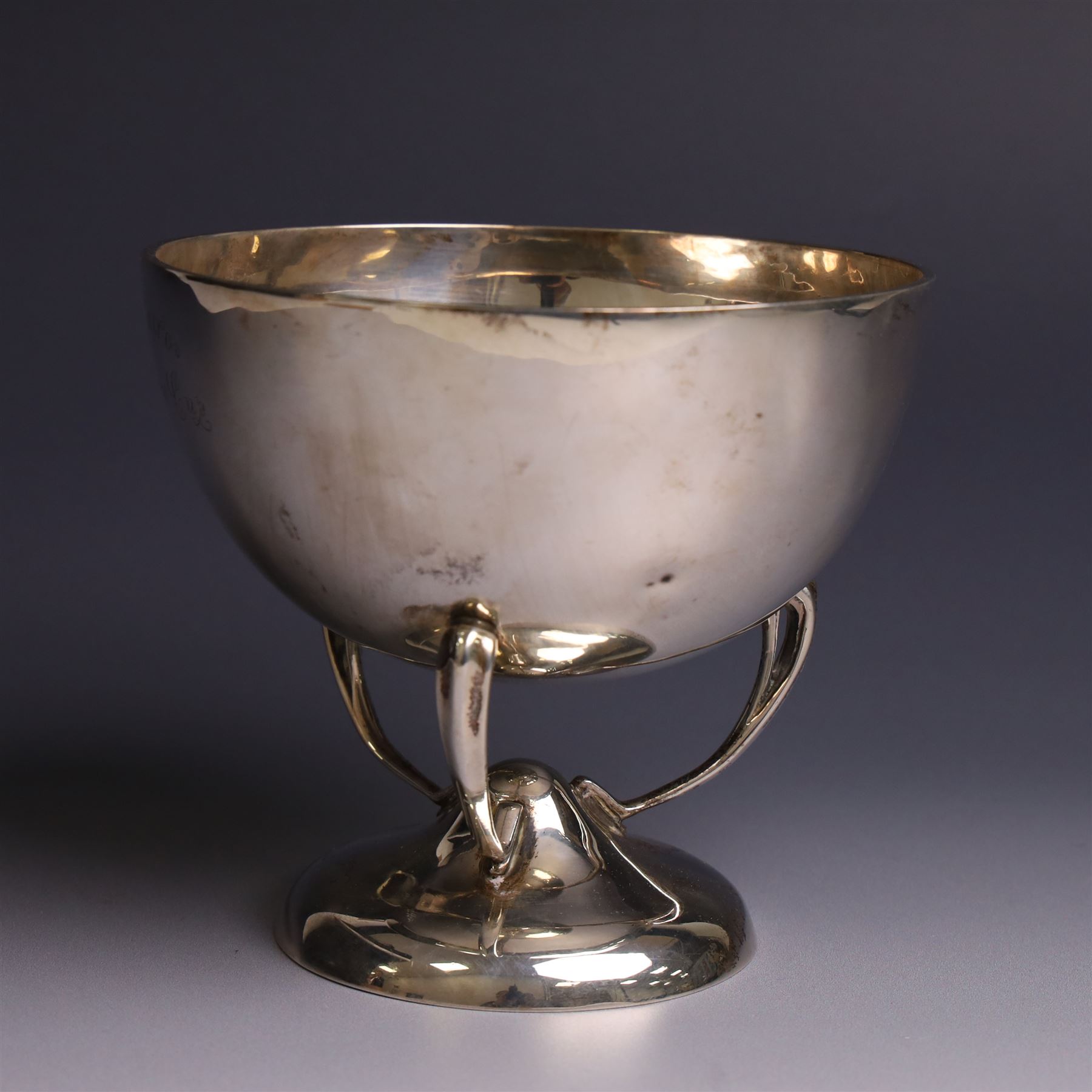 Art Nouveau silver trophy cup, engraved circular bowl upon three naturalistic curved supports,and a circular foot, engraved 'Cairo's Open Cup' to body, H11cm