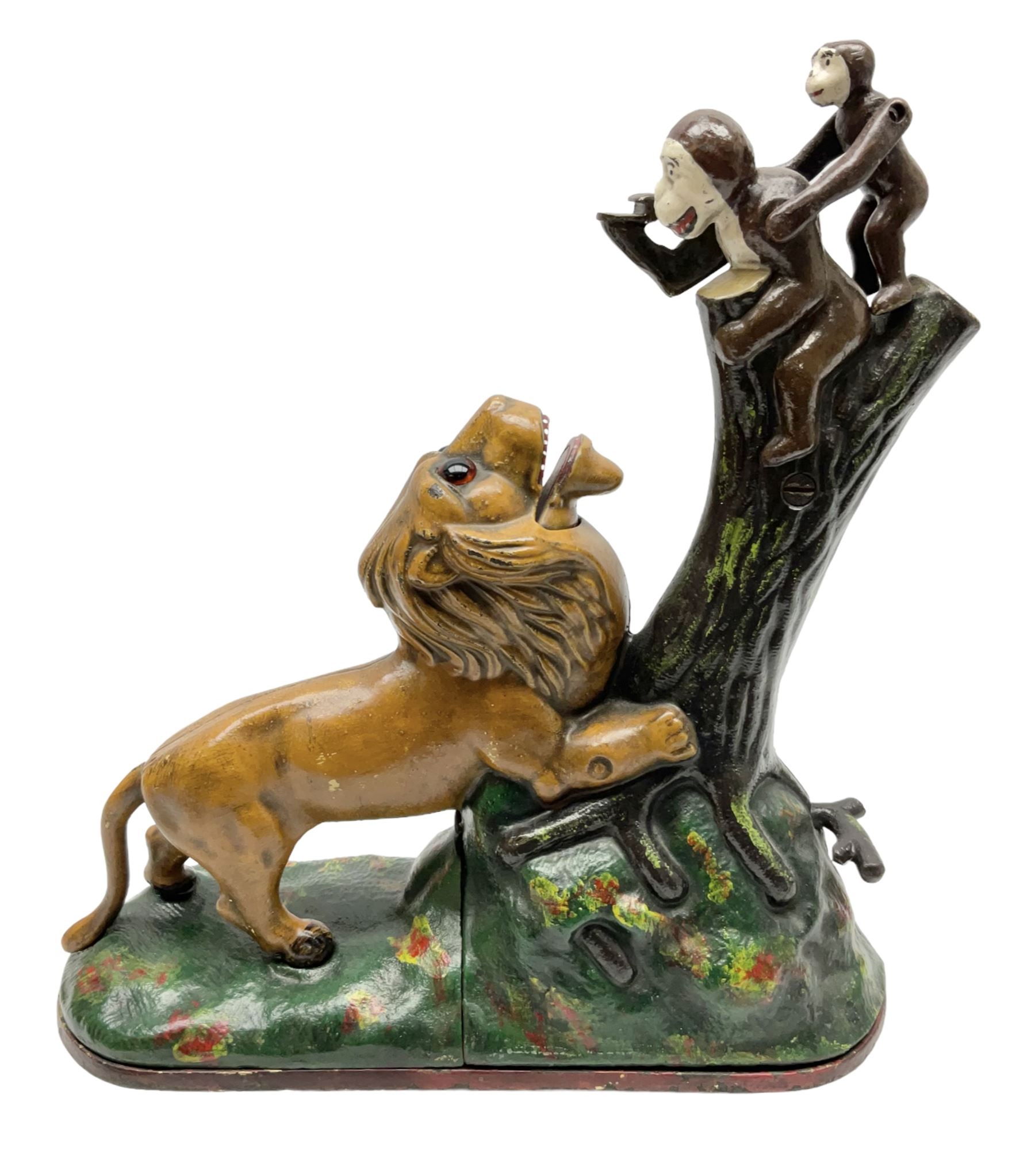 Late 19th century cast-iron mechanical money bank 'Lion and Two Monkeys' by Kyser & Rex with impressed patent mark for 17th July 1883 H25cm L23.5cm