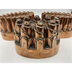 Five Victorian copper jelly mould, largest H10cm, L16cm