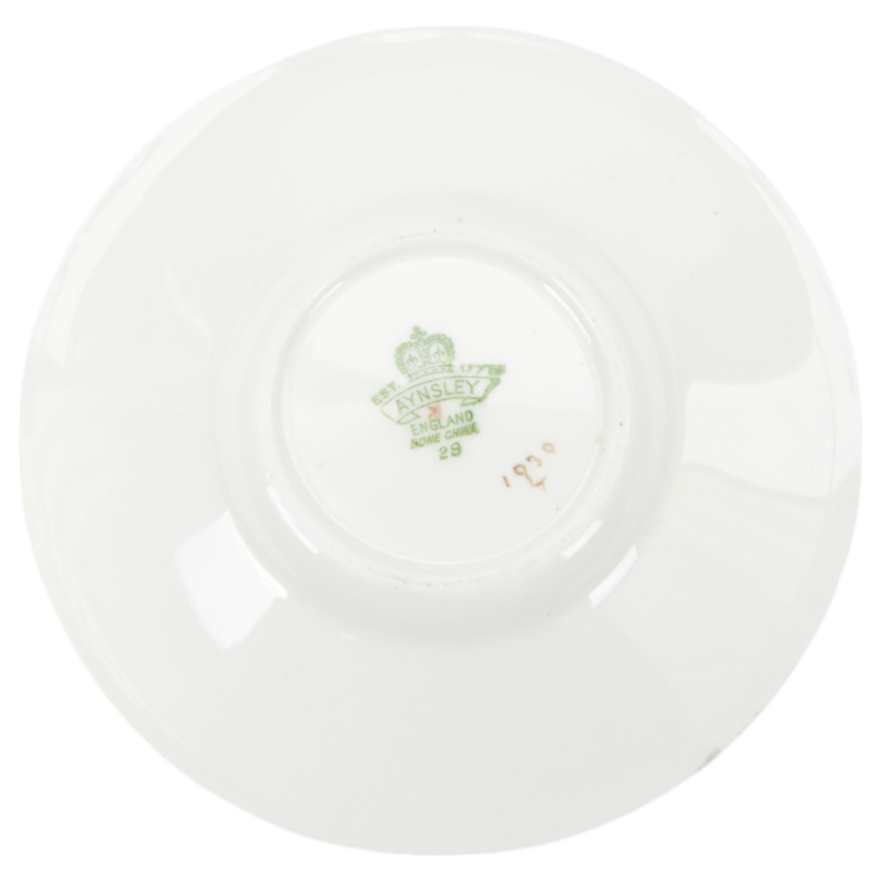 Aynsley fruit pattern, set of six coffee cans and saucers, gilded and decorated with fruit signed by N Brunt, in the original box, can H6cm