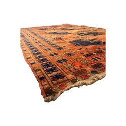 Turkish Kilim ground rug, the field with alternating horizontal bands of geometric patterns, bordered by repeating diamond motifs (145cm x 242cm); Turkish red ground rug, the field with three octagonal medallions (113cm x 172cm) (2)