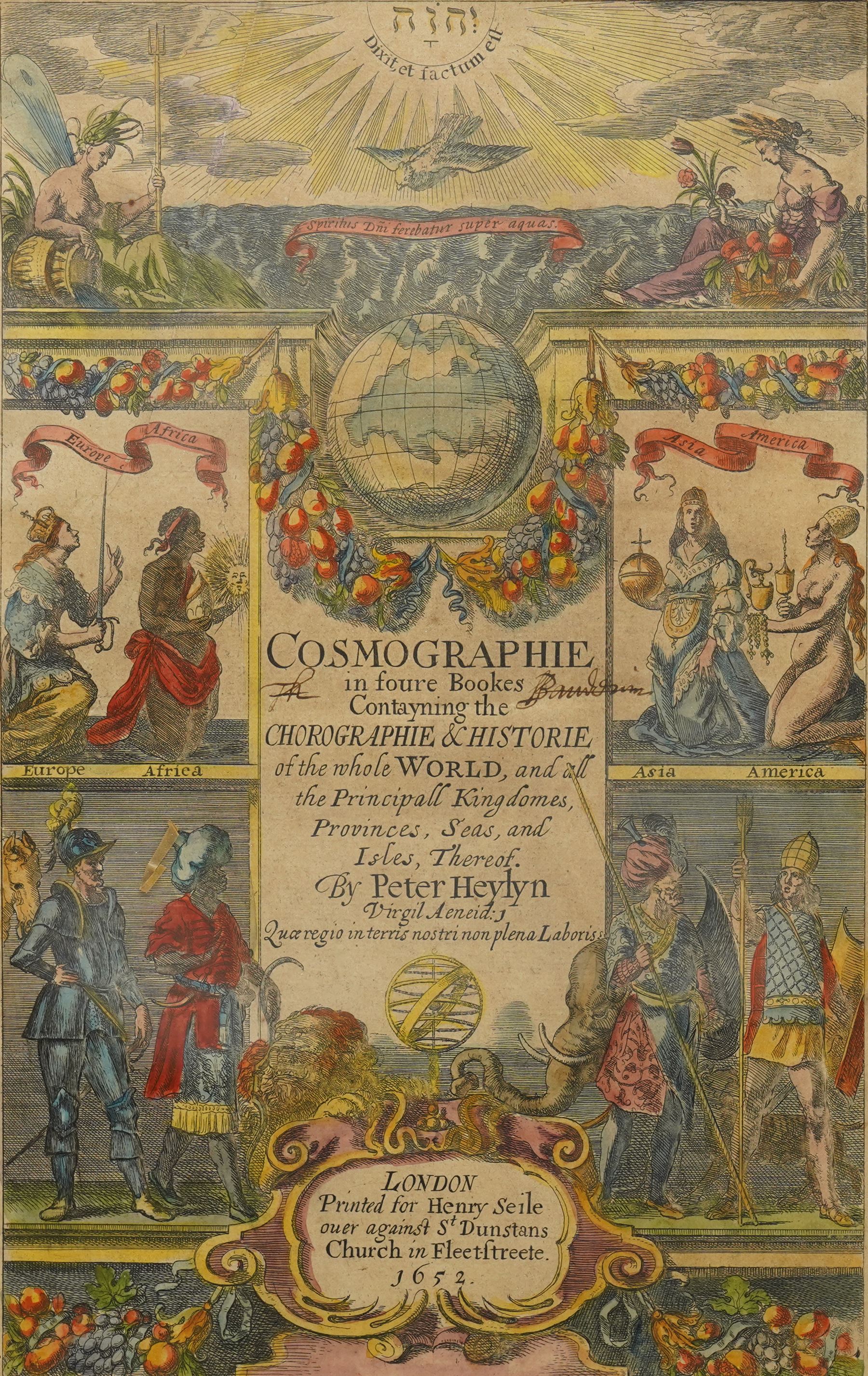 William Marshall (British fl. 1617-1649)  Frontispiece for 'Cosmographie' by Peter Heylyn depicting personifications of the Continents, 17th century engraving with hand-colouring pub. c.1652, 29cm x 19cm
