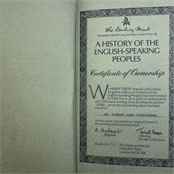 Limited Edition Danbury Mint 'History of the English Speaking Peoples' complete set of fifty silver medallions, each depicting historical figures and scenes from Julius Caesar Lands 55BC to Second World War 1939AD, contained within leatherette folder with personalised presentation to cover and interior, no. 2780/7500