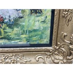 Marjorie Moore (British exh.1922-1937): 'The Italian Landscape', oil on canvas signed and dated 1934, original title label with artist's Sutton Coldfield address verso 34cm x 39cm 
Provenance: exh. Society of Women Artists, label verso