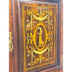 Late 19th century inlaid rosewood free standing corner display cabinet, the upper section featuring a mirrored panel above an inlaid cupboard with a felt-lined interior, complemented by a recessed open compartment with a mirrored back, the base with a glazed door enclosing two felt-lined shelves, on turned supports