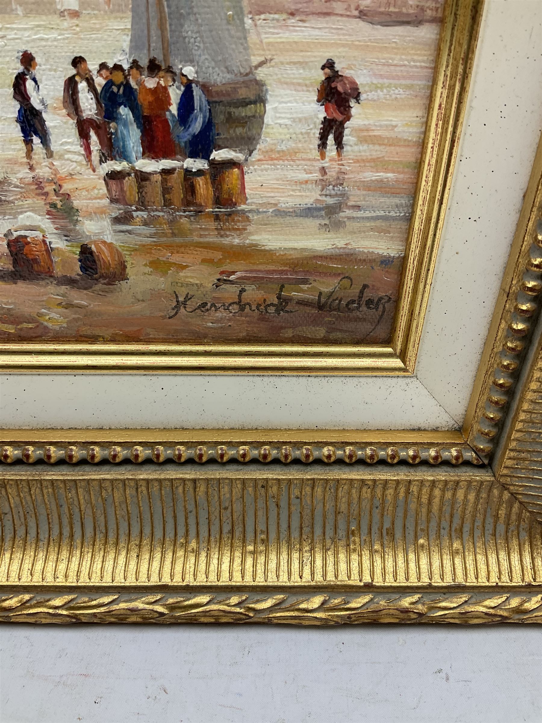 Hendrick Vader (Dutch 1928-1997): Figures and Boats on the Shoreline, oil on canvas signed 26cm x 20cm