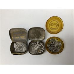 Early 20th century wind up gramophone set in a wooden case with twin door sound hole to the front and tins of 'His Masters Voice' needles