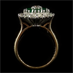  Diamond and emerald gold cluster ring, stamped 18ct, diamonds approx 1.1carat, emeralds approx 1 carat  