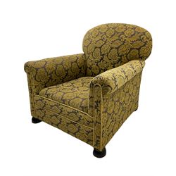 20th century armchair, upholstered in repeating foliate pattern fabric