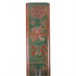 Mid 19th century Norwegian carved mangle board, dated 1836, of rectangular form with carved dala horse handle, with geometic red floral carvings upon a green ground, L63cm