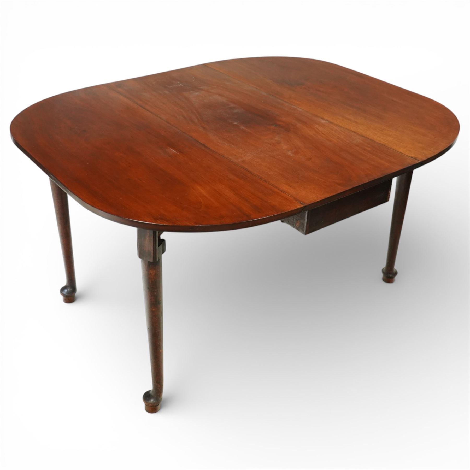 20th century mahogany drop leaf dining table, demi lune leaves above tapering legs with pad feet 