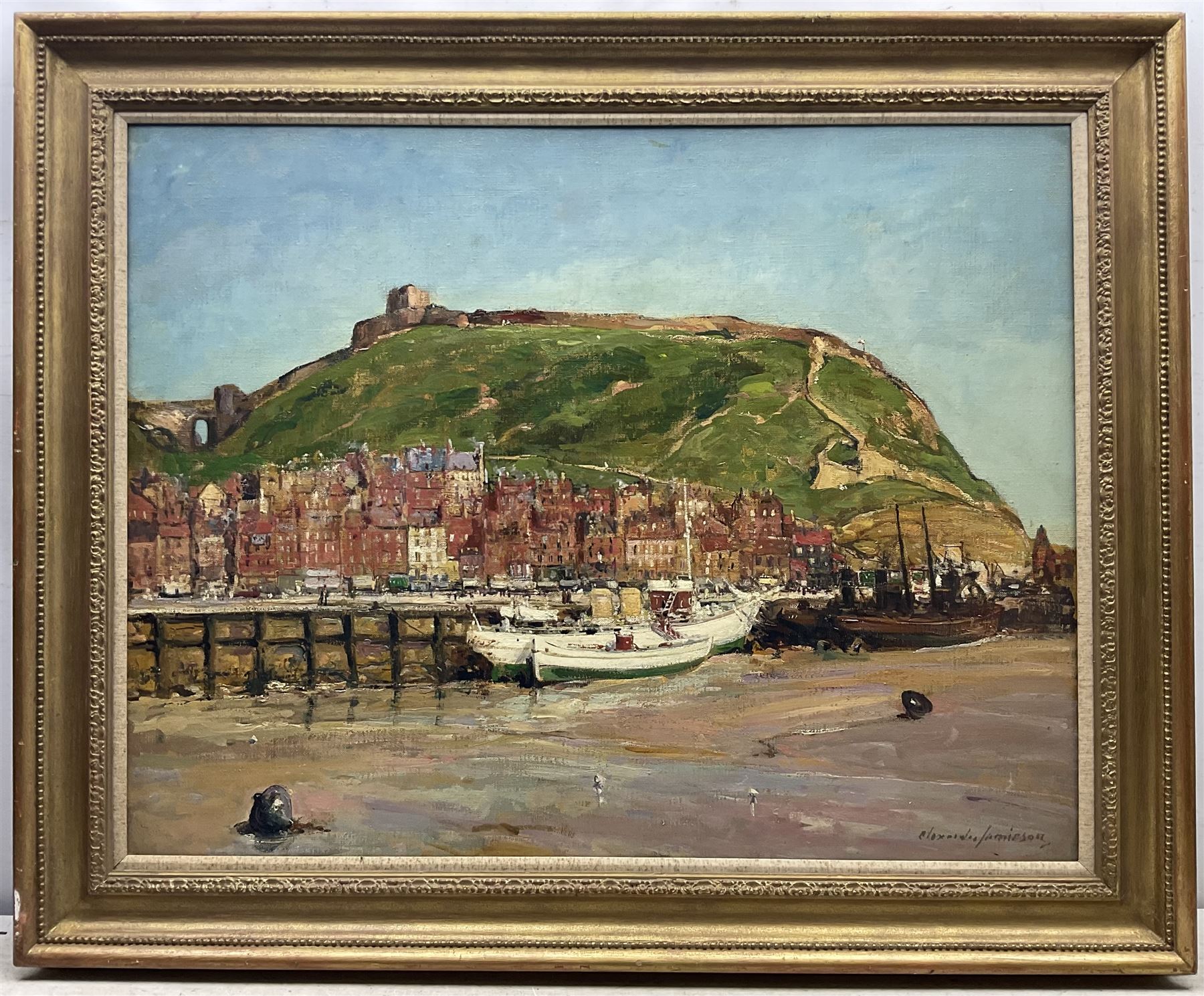 Alexander Jamieson (Scottish 1873-1937): 'Scarborough Castle and Harbour', oil on canvas signed, titled on exhibition label with 'Aylesbury' address label and James Bourlet label verso 70cm x 90cm