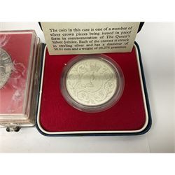 Queen Victoria 1889 crown coin, King George V 1935 crown, Queen Elizabeth II 1977 silver proof crown, small number of Great British pre 1947 silver coins, other pre-decimal coinage, World stamps including Argentina, Australia, Belgium, Canada, France, Germany etc 
