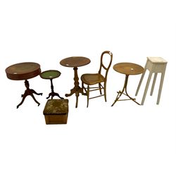 Inlaid shell back chair, pedestal table, six occasional chairs, bamboo table, three pedestal tables, tapestry stool and a painted stand (14) 
