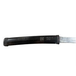 Replica Japanese katana with 63cm curved single edged blade in scabbard, overall L93cm, together with dagger with brass handle in a leather scabbard 