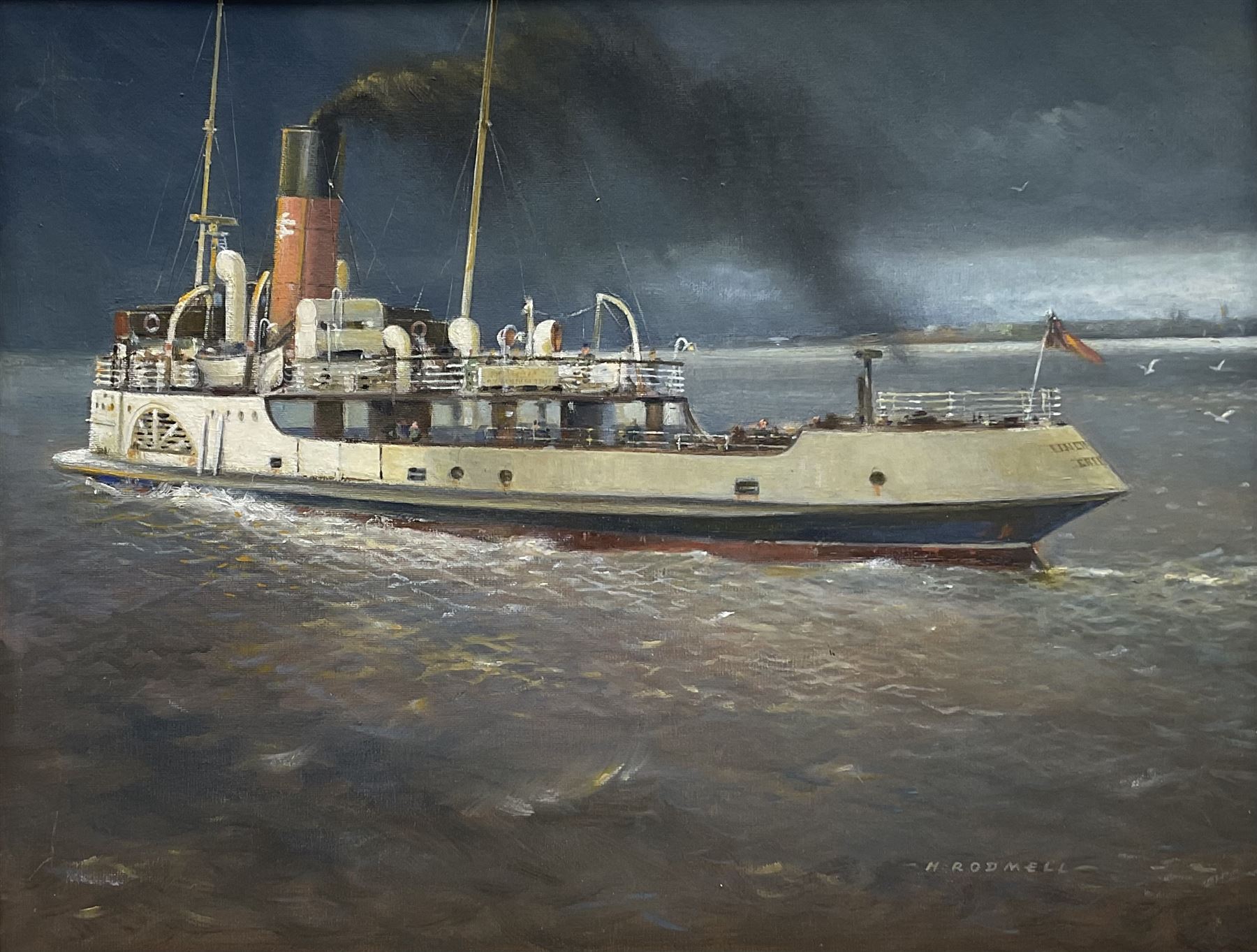 Herbert Rodmell (British 1913-1994): 'The Humber Ferry P.S. Lincoln Castle', oil on board signed, exhibition label verso 35cm x 45cm
