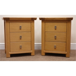  Ponsfords of Sheffield pair light oak, bedside chests, three drawers, stile supports, W50cm, H60cm, D38cm  