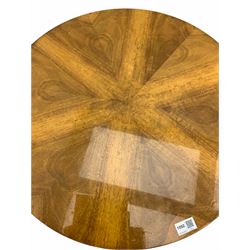 Art Deco walnut sun burst folding table, circular top with segmented veneers