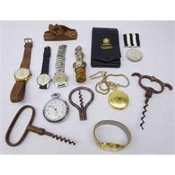  Stanley no. 101 block plane, WMF plated bottle stopper modelled as Moritz  from a German tale 'Max and Moritz', Ingersol pocket watch, Perona & Ancre gents wristwatches, Service Medal of the Order of St. John of Jerusalem, cased, cork screws etc   