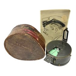 19th century Watkins combined clinometer and compass, patent 217, by J. Hicks Maker 8 Hatton Garden London No.5829, of drum shaped form in lacquered brass case D7cm; both instrument and case bear the name of former owner Thomas S.N. Hardinge; with early 20th century postcard caricature of a serviceman (2)