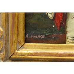 English School (20th century): Portait of a Boy with a Bat and a Ship Portrait, two oils on wood panel in matching gilt frames indistinctly signed 16cm x 11cm and 11cm x 16.5cm (2)