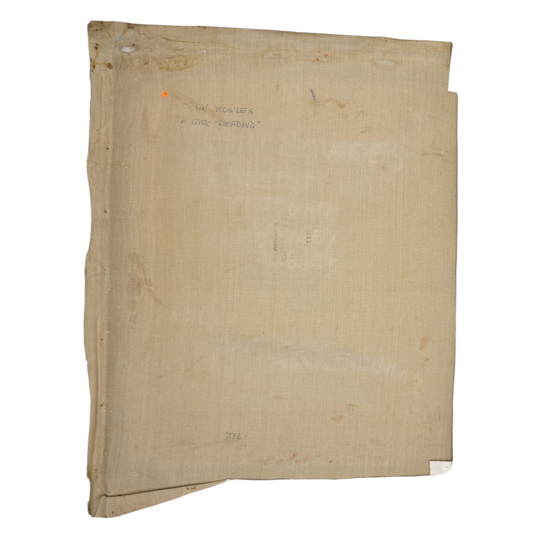 John Gilbey Bowles (British 1929-2011): 'A Girl Reading' - Interior Scene, oil on unstretched canvas signed and dated 1979,  inscribed verso 76cm x 63cm (unframed)