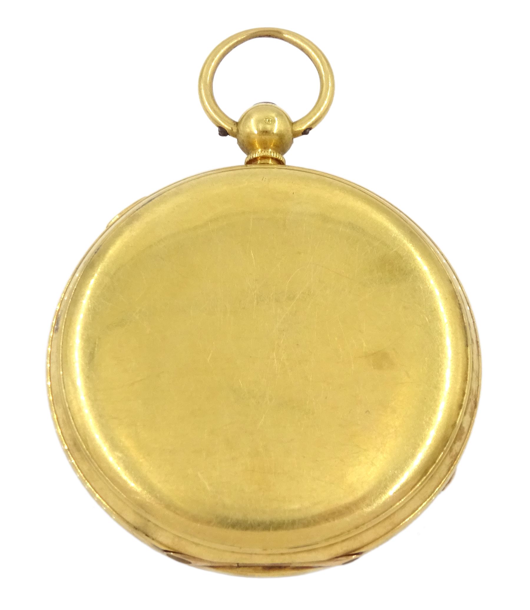 Victorian 18ct gold open face key wound lever pocket watch by Thomas Russell, Liverpool & London, No. 60854, stop/work lever, white enamel dial with Roman numerals, case by Thomas Russell, Chester 1873