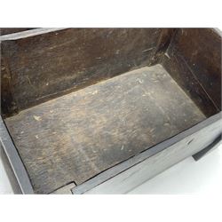 17th century vernacular oak boarded and joined clamp-front coffer or ark chest, enclosed by hinge lid, vertical stile supports