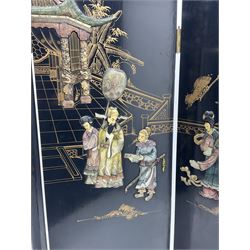 Japanese black lacquered four panel screen, with shibayama type decoration 