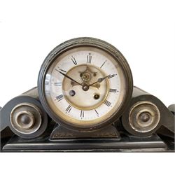 French- late 19th century 8-day Belgium slate and marble mantle clock, drum movement with volutes and conforming scroll side pieces, on a stepped plinth with incised decoration to the front, two-piece enamel dial with a visible Brocot deadbeat escapement, spade hands and Roman numerals, twin train, countwheel striking movement, sounding the hours and half-hours on a bell. With pendulum and key. 