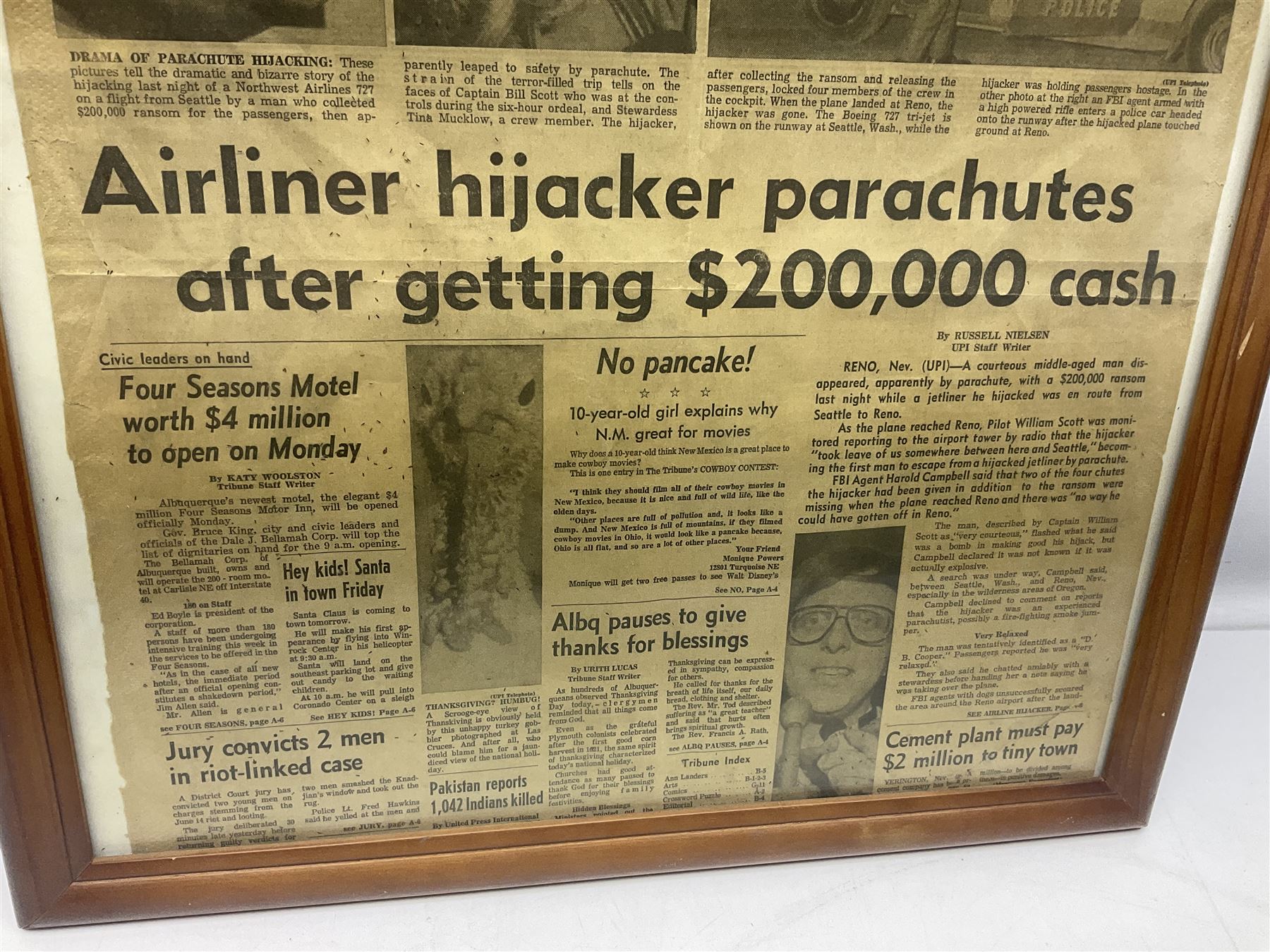 The Albuquerque Tribune, D.B. Cooper Airline Hijacker newspaper cutting, framed