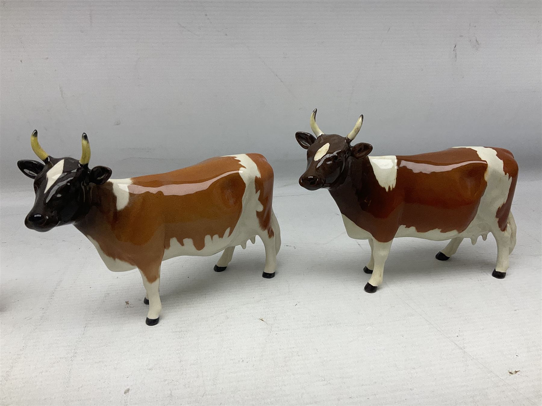 Five Beswick figures of cattle Comprising Ayrshire Bull Ch Whitehill Mandate, no 1454B, three Ayrshire Cow Ch Ickham Bessie, no 1350 and Ayrshire Calf, no 1249B, all with printed marks beneath