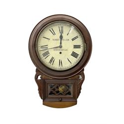 Richard Smith & Son, Scarborough - drop dial 8-day mahogany wall clock, with a turned wooden bezel, carved ear pieces and pendulum box with a glazed door and open carved fretwork,12