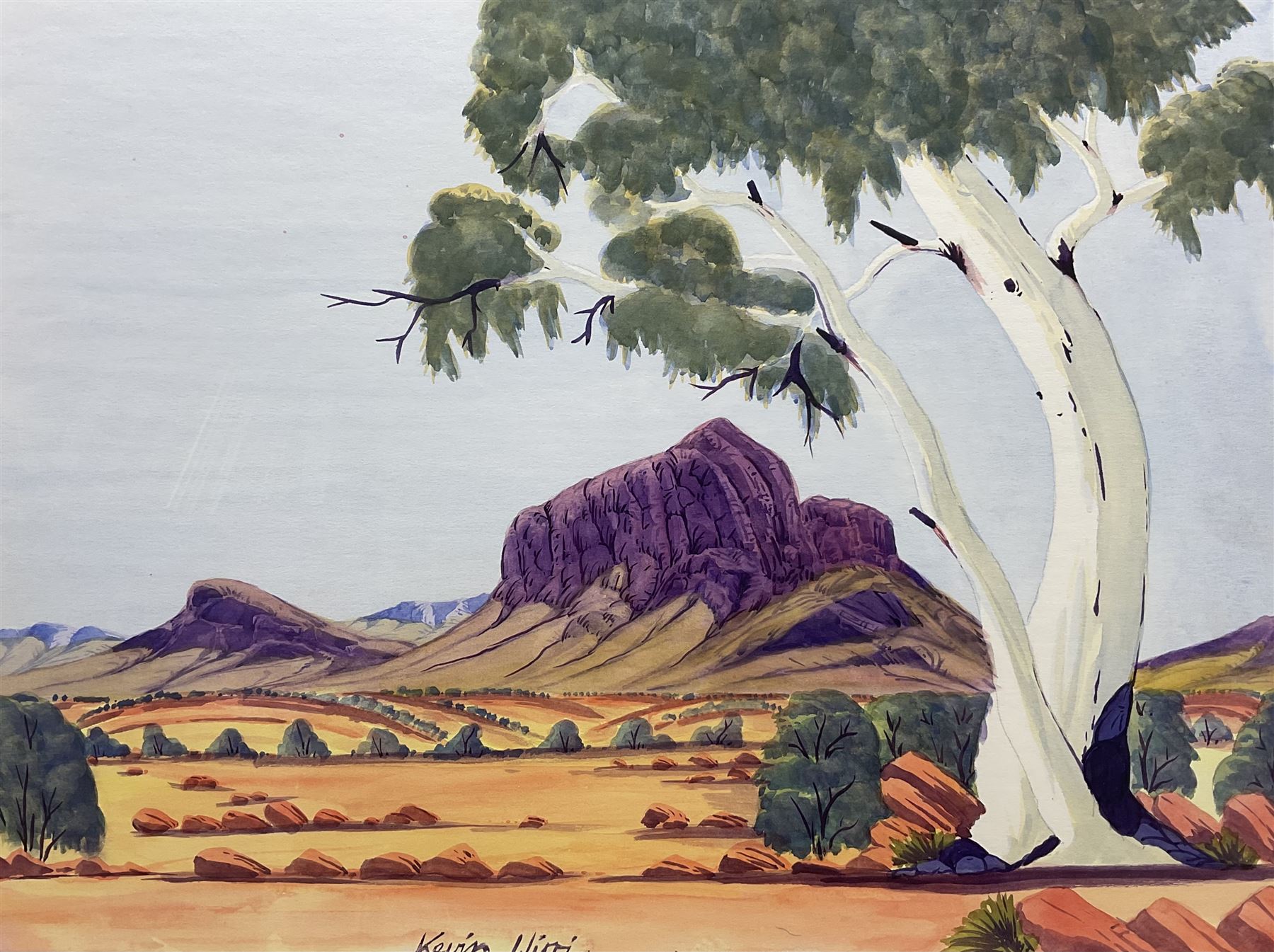 Kevin Wirri (Aboriginal Australian 1953-): Outback Landscape, watercolour signed 36cm x 48cm 
