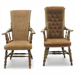 Near pair of late 20th century oak high back armchair, upholstered in brown fabric with bu...