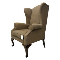 Hardwood-framed wingback armchair, upholstered in dog tooth pattern fabric, on cabriole supports 