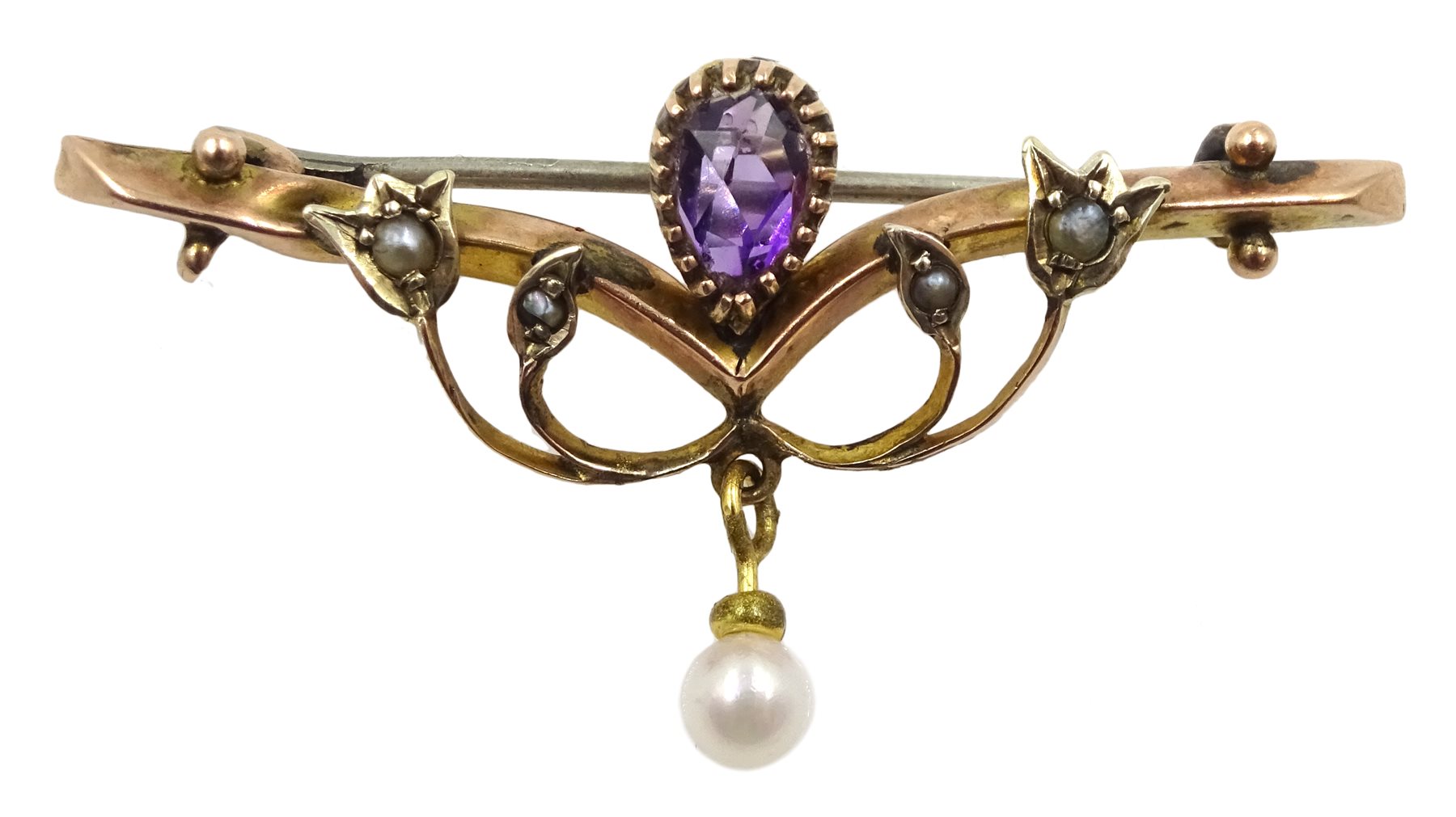 Edwardian gold amethyst, seed pearl and pearl brooch, stamped 9ct
