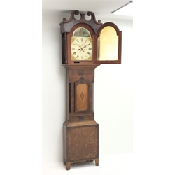  Early 19th century inlaid mahogany and oak longcase clock, Roman dial with subsidiary seconds dial and arched date aperture, dial painted with hunting scene and signed 'Geo Heselton, Bridlington', 8-day movement striking on bell, H224cm  