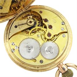 Early 20th century 9ct gold half hunter keyless lever pocket watch, No. 590035, white enamel dial with Roman numeral hour markers and subsidiary seconds dial, the inner dust cover with engraved flower basket decoration, case with London import marks 1916