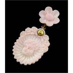 19th century gold conch shell pendant / brooch and matching earrings, each with carved bust shell of a cherub / child and flower head decoration, the earrings suspending a further flower head stud