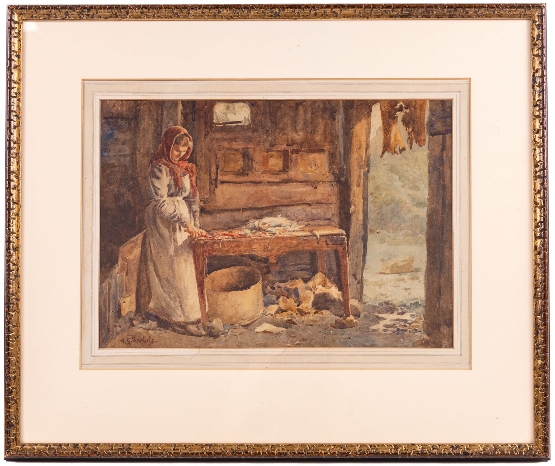 Albert George Stevens (Staithes Group 1863-1925): Girl Preparing Food, watercolour signed 24cm x 34cm