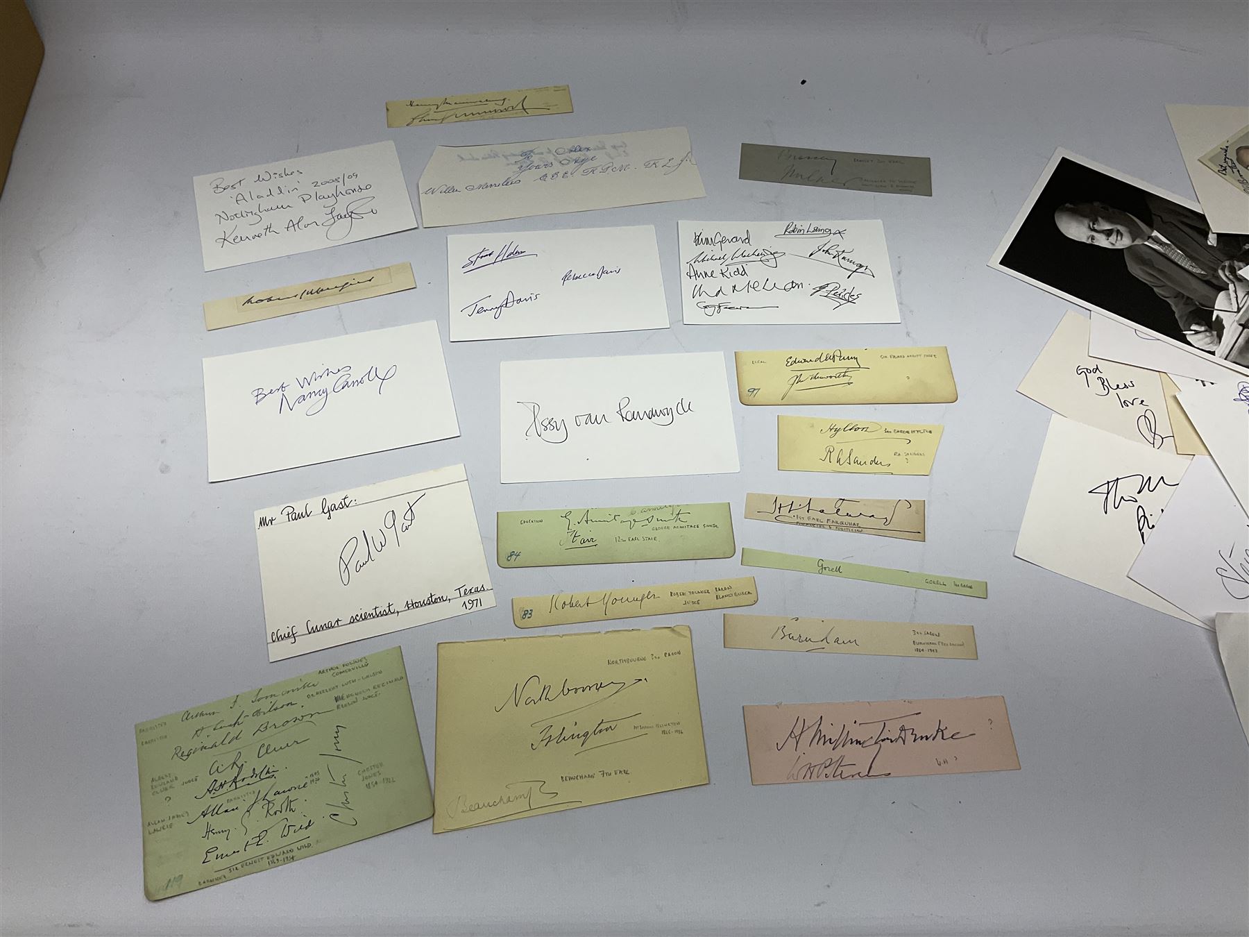 Collection of approximately  500 autographs, signed cards, signed letters, signed photographs etc from famous individuals including Sidney Godolphin, Berkeley Guise, Marquess of Salisbury (Prime Minister), Harold Wilson, Howard Macmillan, Edward Heath, Tony Blair, Prince Richard, Duke of Gloucester & Brigitte, Duchess of Gloucester, Prince Michael of Kent, Golda Meir, Kurt Waldheim, Peter Fraser, Robert Menzies, Hartley Shawcross, David Steel, Enoch Powell, Michael Foot, Denis Healey, Leon Brittan, David Owen, Neil Kinnock, Willie Whitelaw, Manny Shinwell, Norman Tebbit, Geoffrey Howe, Paddy Ashdown, Leslie Hore-Belisha, Samuel Hoare, Margaret Beckett, Michael Heseltine, Oswald Stool, Philip Ben Greet, Charles Santley, Joseph O'Mara, Ada Crossley, Ben Davies, Rutland Barrington, Evelyn Glennie, Moira Shearer, Brian Close, Steffi Graf, John Virgo, Daley Thompson, Brian Lara, Frank Bruno, Steven Spielberg, George Cukor, Leni Riefenstahl, Orson Welles, Paul Newman, Joe E.Brown, Charlton Heston, John Gielgud, Eric Sykes, Caroline Blakiston, Mercedes Ruehl, Beatie Edney, Joseph Cotton, Rula Lenska, Roy Hudd, Caroline Quentin, Ned Sherrin, Tony Britton, Lesley Joseph, Nigel Havers, Rory Bremner, Geraldine James, Clive Anderson, MyAnna Buring, Elkie Brooks, Alan Bennett, Gavin Ewart, Dean Koontz, Red Adair, Viv Nicholson, Gerald Scarfe, Screaming Lord Sutch, Maria von Trapp, Annie Besant, Reginal Bacon etc 