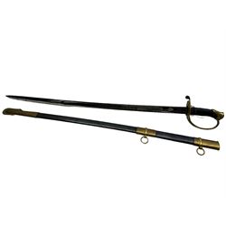 Replica Confederate States Army officer's sword, with brass pommel, black leather hand grip, the 85cm single edged blade marked CSA, in a metal and brass scabbard, L106cm