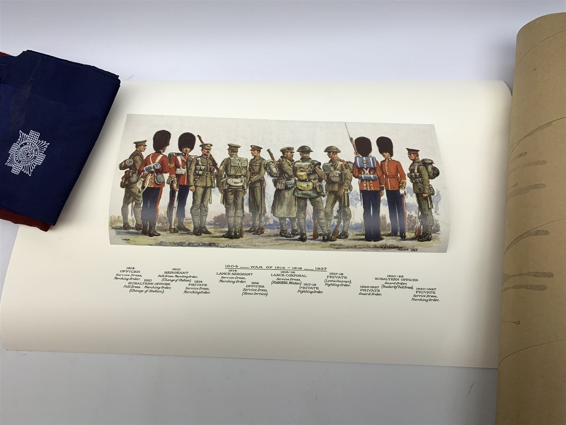 Scots Guards - set of five unframed annotated colour prints depicting the history of their uniform 1899 - 1958, each 20 x 36cm; together with regimental pullover, scarf, tie, shawl, double breasted blazer with Staybrite buttons and trousers