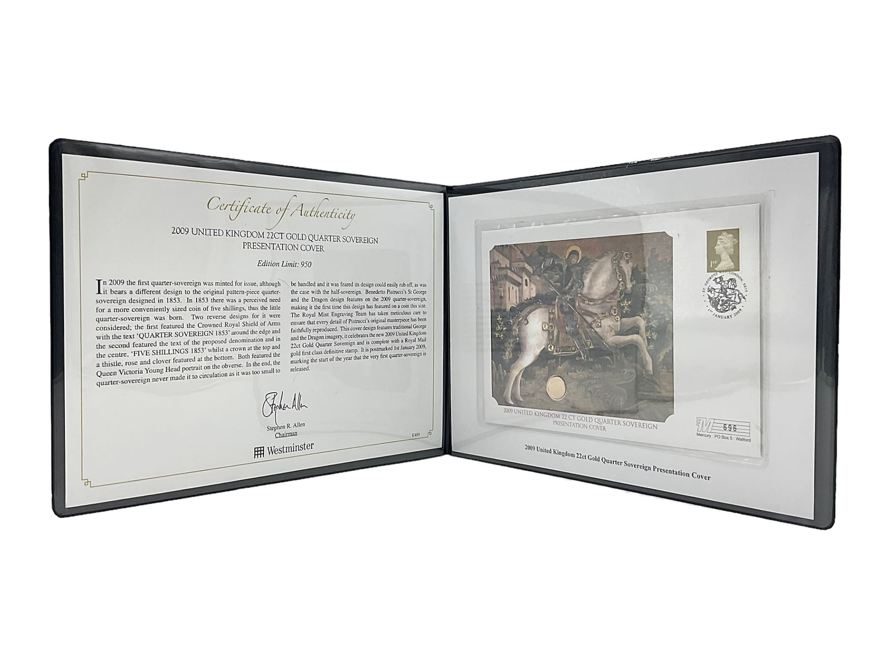 Queen Elizabeth II 2009 gold quarter sovereign coin, housed in a Mercury presentation cover, in Westminster folder with certificate